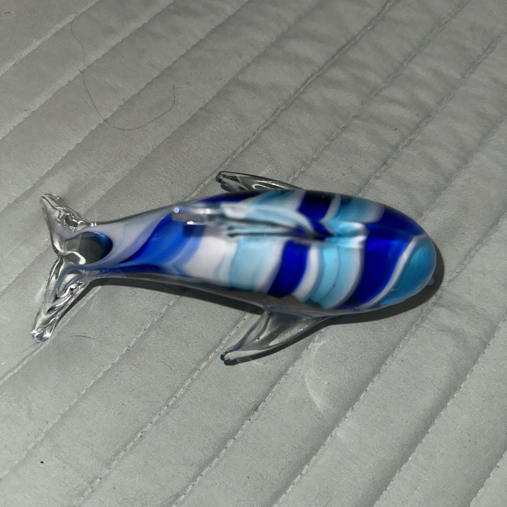 Hand‎ Blown Art Glass 6" Long Blue/White Swirl Dolphin Paperweight Figurine